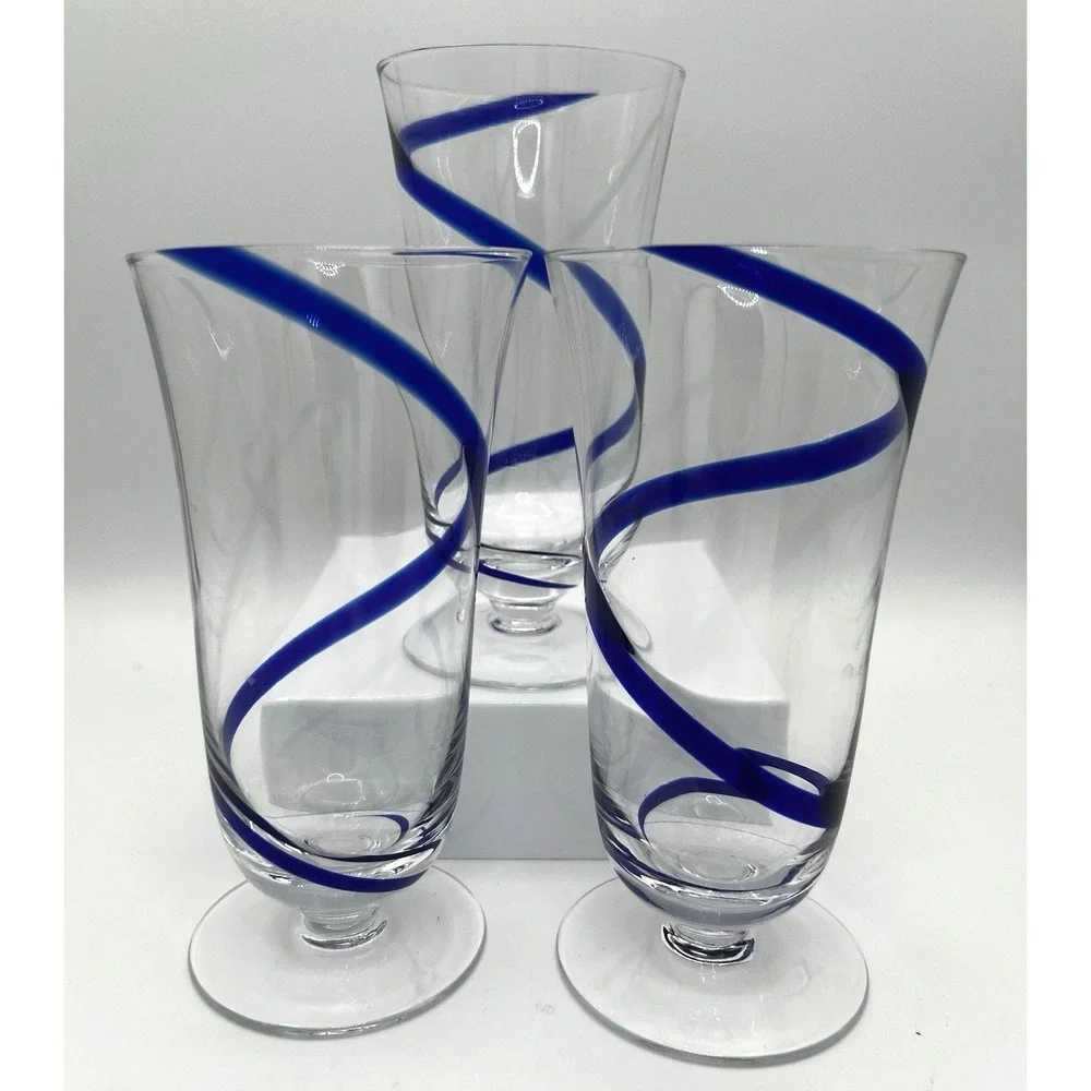 Pier 1 Swirline Cobalt Blue Footed 14 oz Glass Art Glass Set Of 3 Pilsner / Tea